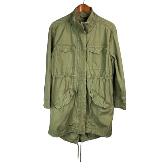 GAP Olive Green Canvas Long Field Utility Jacket  Drawstring Zip Snap Army S - Picture 2 of 14